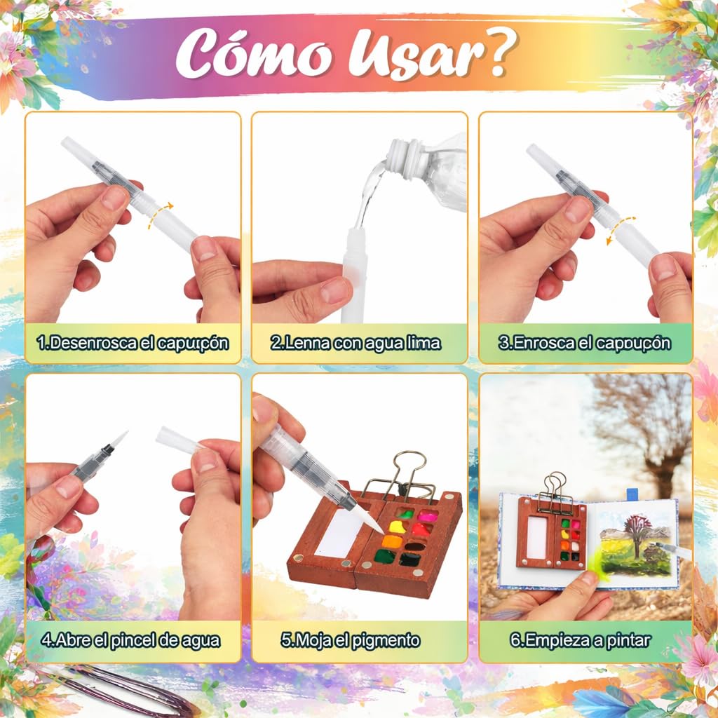 Mini Set de Acuarelas con Cuaderno y Pintura, Paquete Completo Acuarela 12 Colores Paleta Madera mini juego viaje papel acuarela, bolígrafos, clip, 8 cuadrículas para pintores, (Azul)