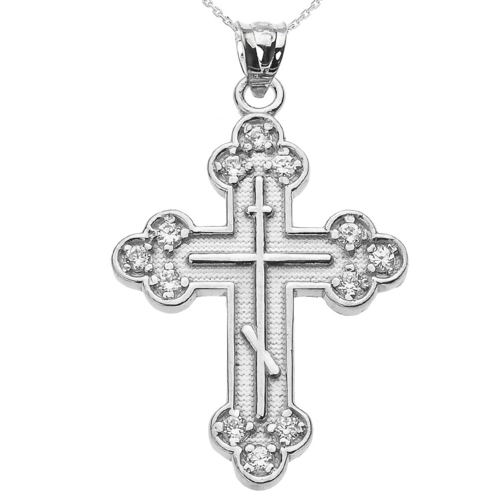 Religious Jewelry 10k White Gold CZ Eastern Orthodox Cross Pendant Necklace