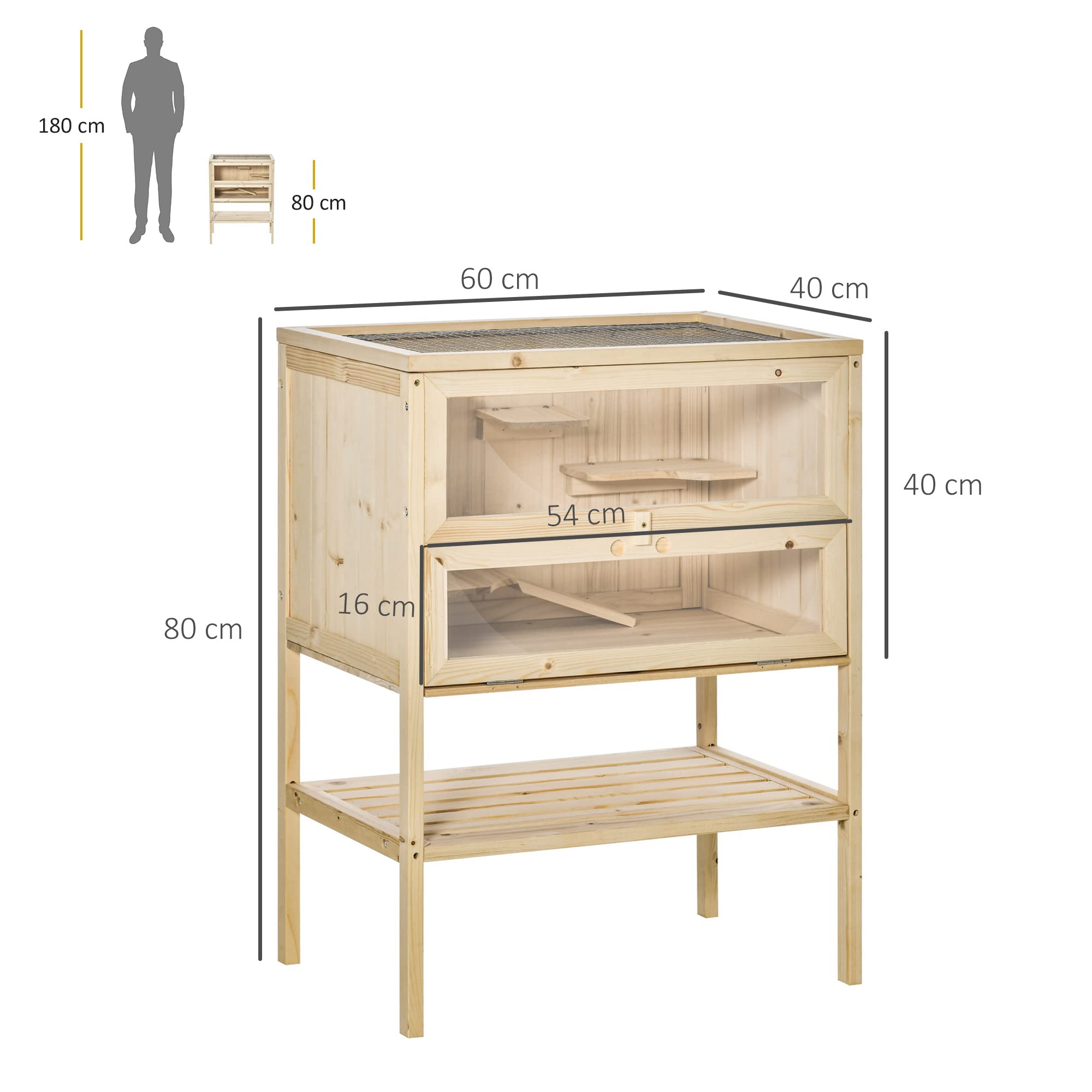PawHut Jaula de Madera para Hámster Ratones Casa de Juegos con 5 Plataformas Rampa Techo Abatible Ventana Cristal Plástico y Estante Inferior 60x40x80 cm Natural