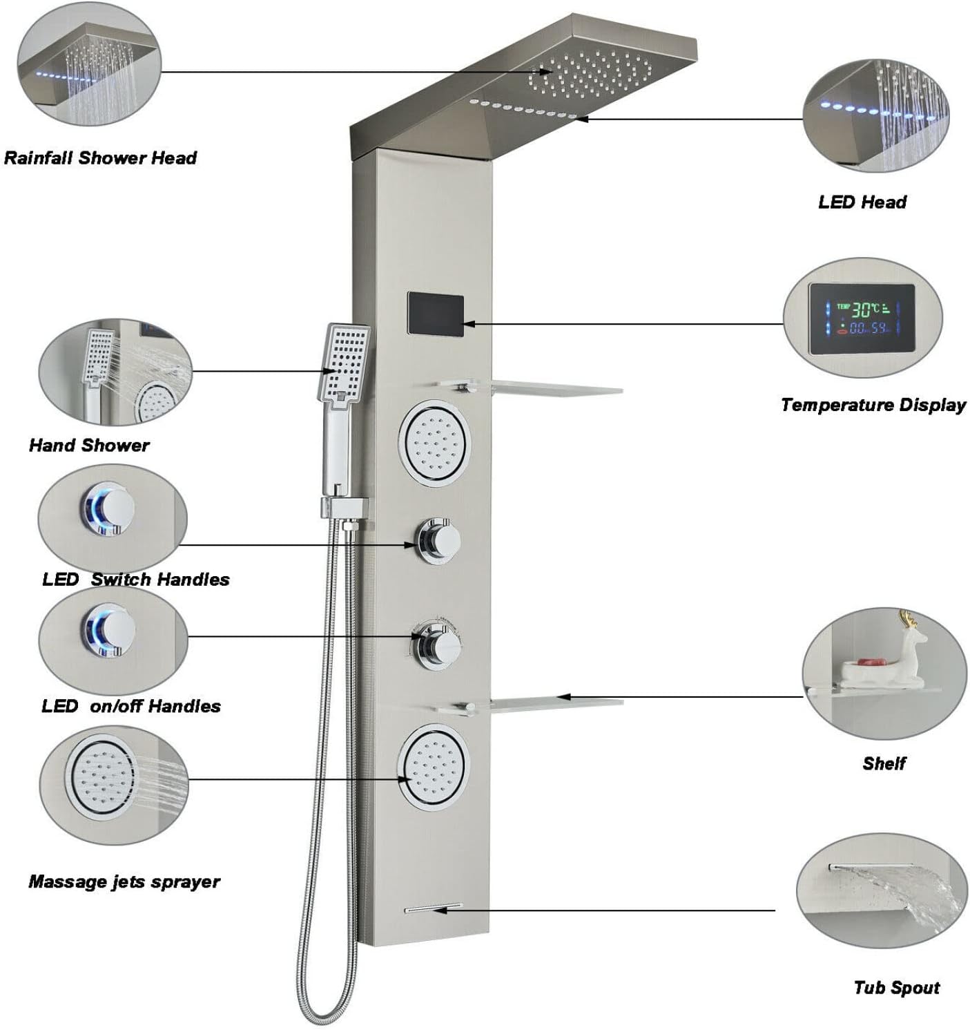 LED Shower Panel Tower System Rain Waterfall Massage Jet Body Spryaer Stainless Steel with Shelf