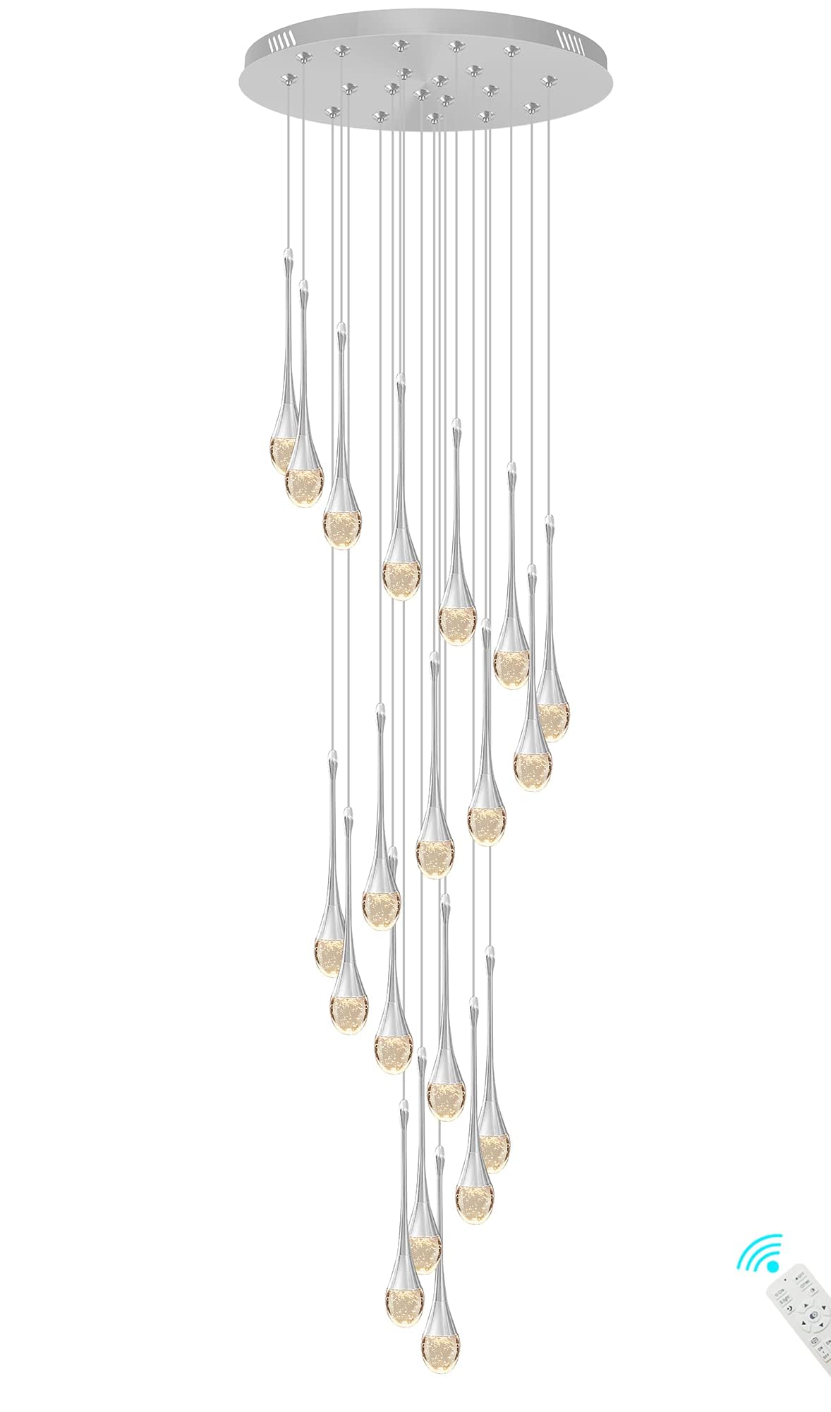 PCXEHUYP Dimmable Silver Spiral Raindrop Crystal Chandelier, 20-Light LED Pendant Light for Staircases, Foyers & Villas, Adjustable 138"/350cm, 3000-6000K Lighting