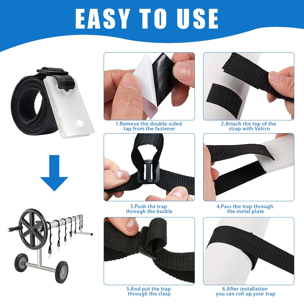 Sistema de Enrollado para Piscina, 8 Set Enrollador de Piscina para Pantalla Solar, Correas de Sujeción para Liner de Piscina, para Lonas/Cubiertas de Piscina