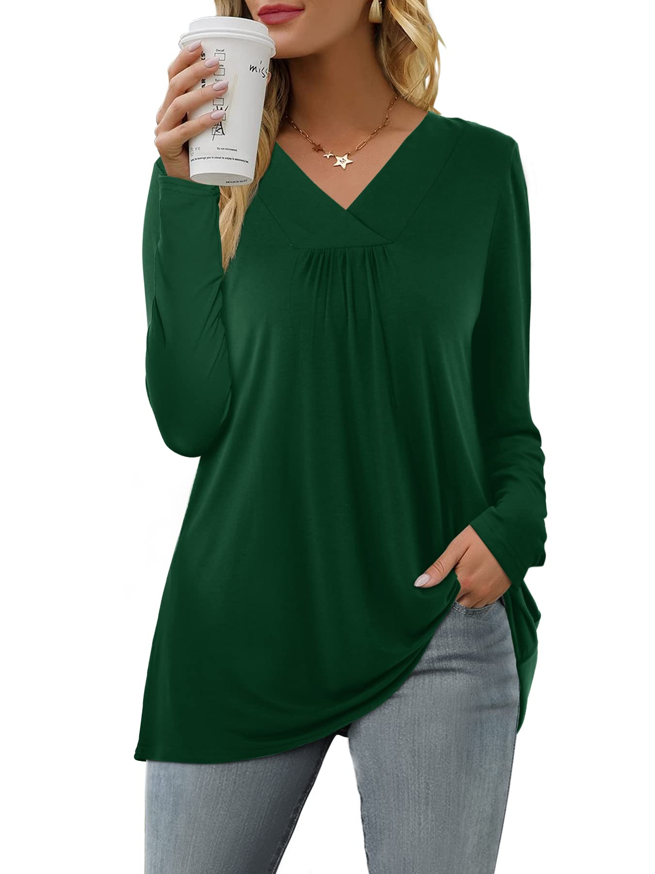 Florboom Shirt Damen Kurzarm/Langarm Tshirts V Ausschnitt Plissiert Oberteile Tunika