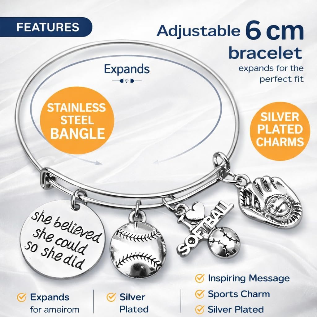 SportyBella Softball Bracelet - She Believed She Could So She Did Adjustable Bangle, Softball Jewelry, Birthday, Graduation Gifts for Teams, and Accessories - Image 4