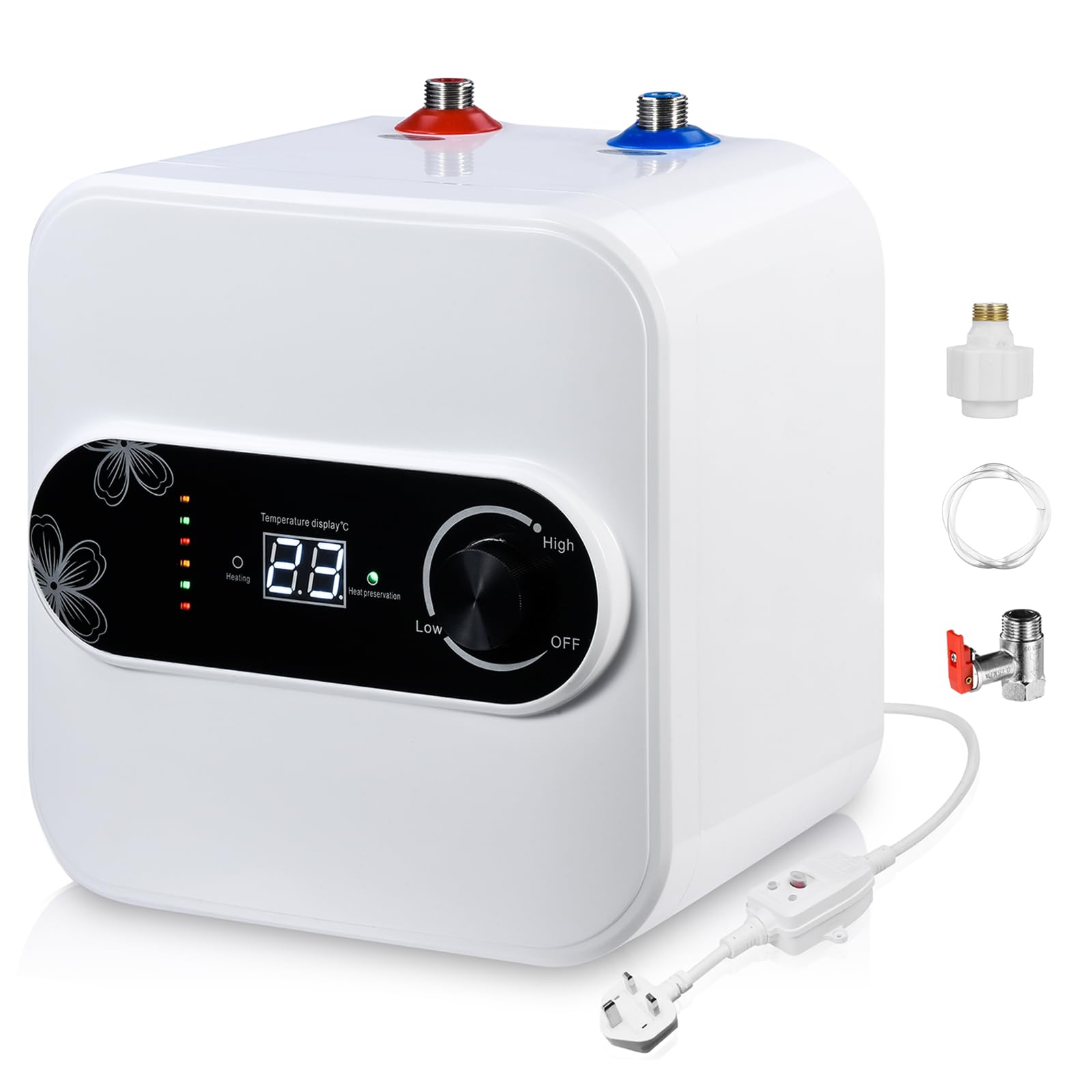 Worshow 10L Point of Use Water Heater, 1500W Under Sink Water Heater with Digital Display, Top Outlet Mini Storage Water Heater, IPX4 Small Hot Water Tank for Kitchen, Campervan, Bathroom, UK Plug