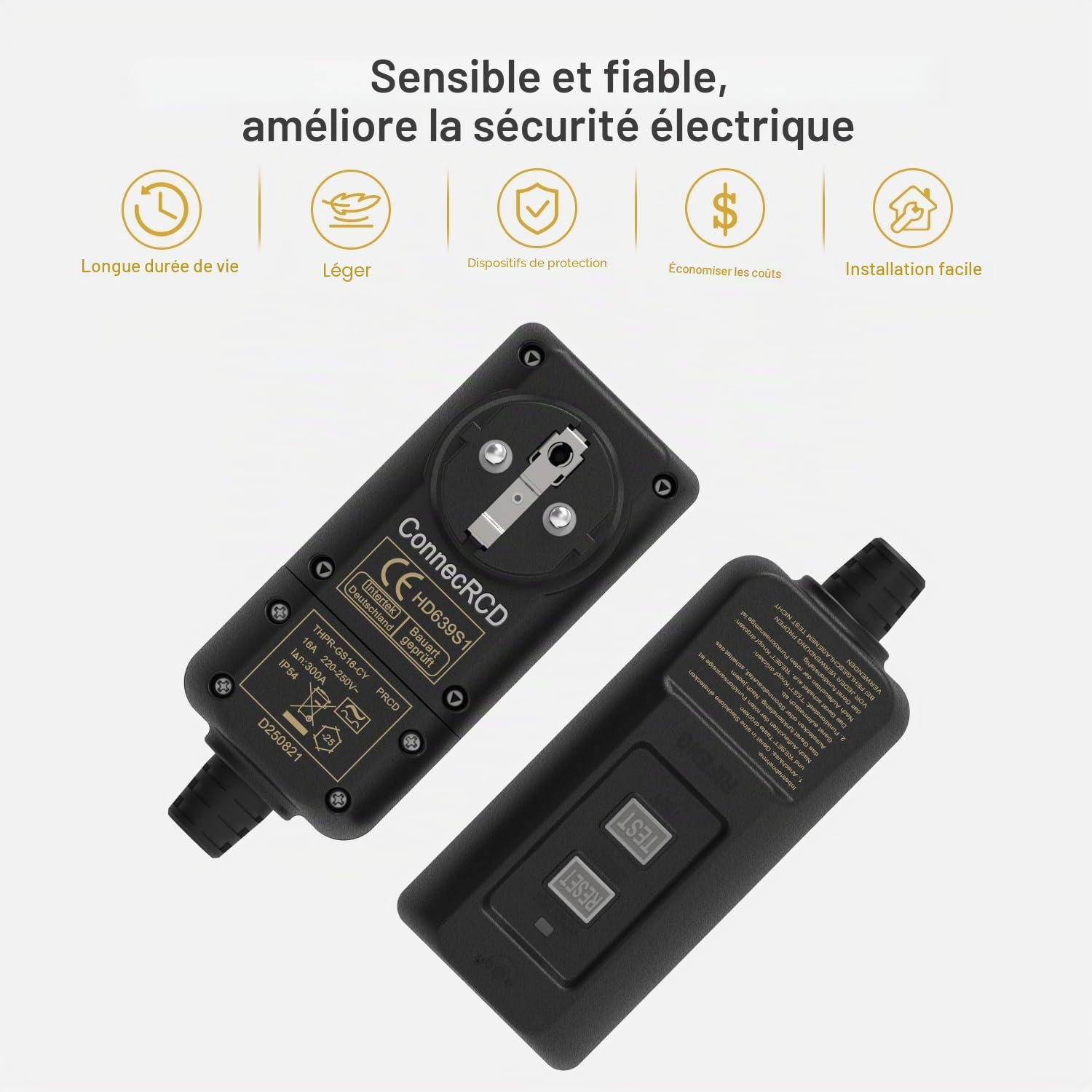 PRCD Fiche de protection personnelle 30 mA, 230 V/16 A, interrupteur FI type A avec IP54, avec temps de déclenchement de 0,1 s pour tondeuse à gazon et atelier