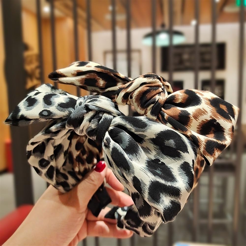 4 fasce per capelli con fiocco con stampa leopardata, in tessuto vintage, con orecchie di coniglio, fasce per capelli a bordo largo