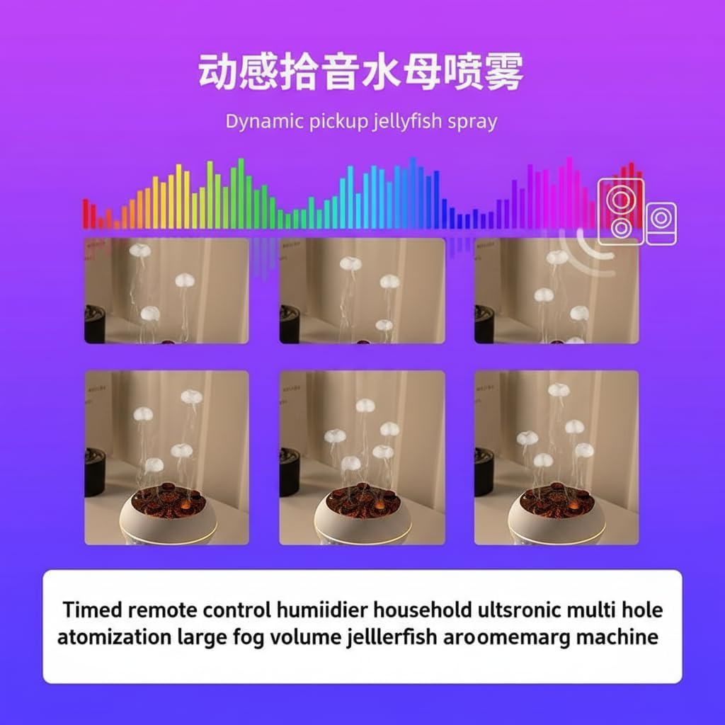 Essential Oil Diffusers, Timed Remote-Controlled Ultrasonic Jellyfish Aromatherapy Diffuser, Dynamic Sound Pickup Aroma Essential Oil Diffusers with 7 LED Colors for Bedroom, Office, Hotel