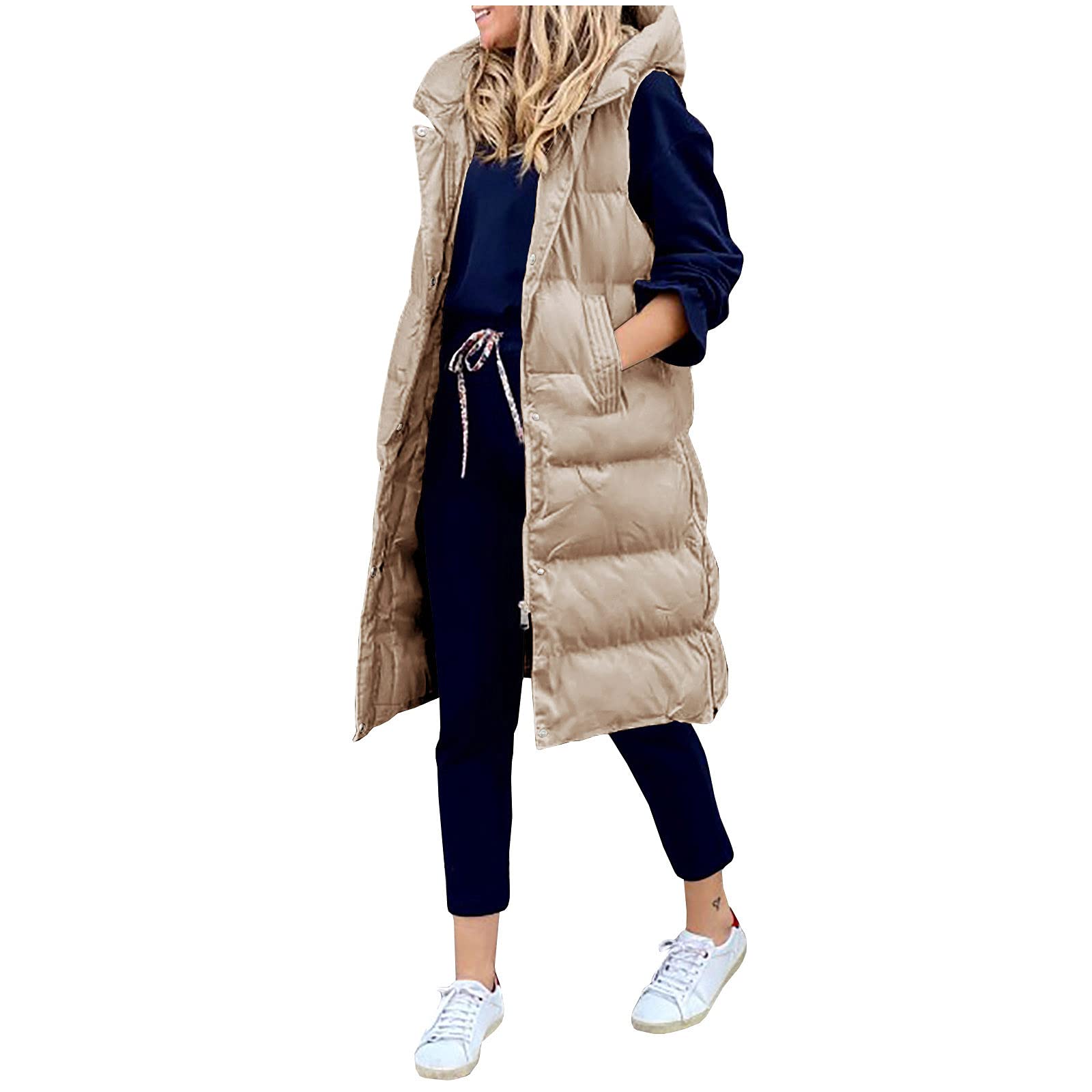 Chaleco largo para mujer, chaleco largo para mujer, con capucha, chaleco sin mangas, cálido, chaleco largo de plumas, chaqueta acolchada para invierno, chaqueta acolchada para invierno