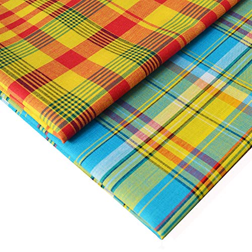Véritable Tissu madras 100% coton oeko tex - Duo de 2 coupons - [50cm x 1m60] pour chaque coupon. (Duo 50cm x 1m60, Jaune/Turquoise)