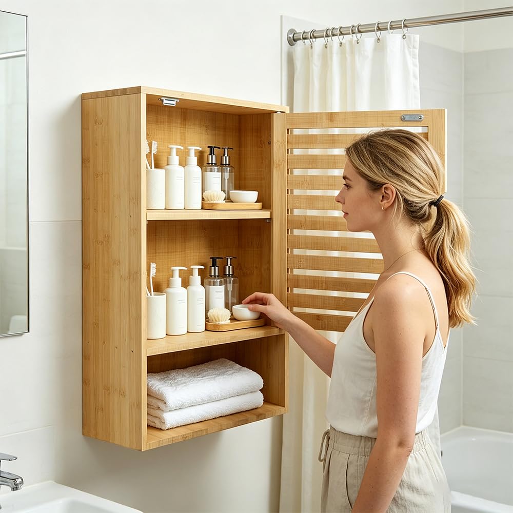 Armadietto sospeso da bagno, in bambù, con porta di ventilazione e 3 ripiani, mensola da parete per cucina e WC, salvaspazio e resistente all'umidità, 60 x 40 x 20 cm (colore legno)