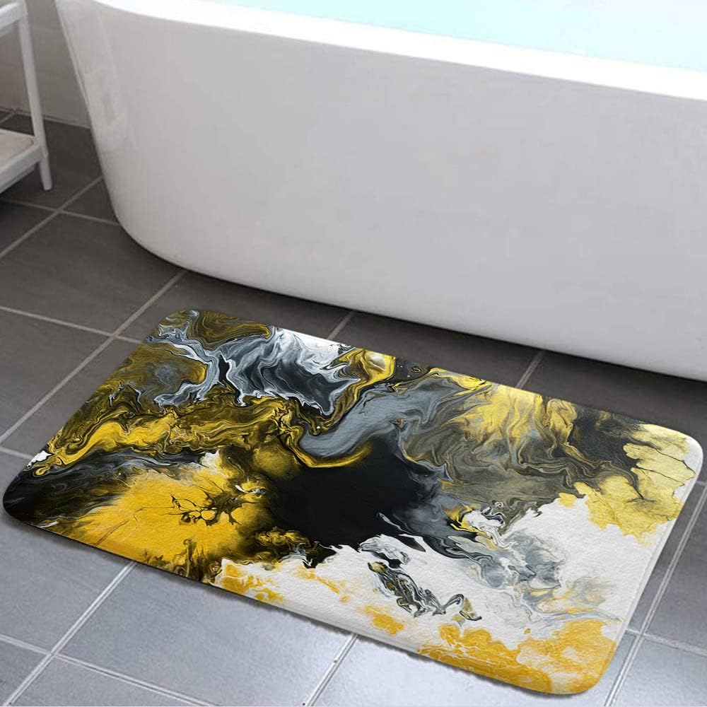 Marble Bath Rug , Abstract Black Gold Wall Art, Vintage White Grey Yellow Non Slip Bath Mats Psychedelic Quicksand Liquid Swirl Art Bath Rug Sets for Bathroom Bedroom Kitchen Outdoor Indoor,17x29