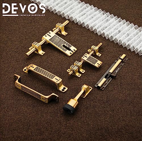 Image of DEVOS Royal Net Aluminium Single Door Fittings Set | Hardware Accessories Kit, Brass Antique Finish | 1 Big Aldrop 10'',2 Handles 6'',1 Latch 7'',1 Stopper 6