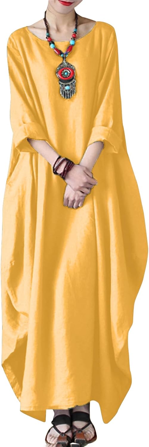 Celmia Autumn Solid Loose Long Maxi Dress Cotton Caftan