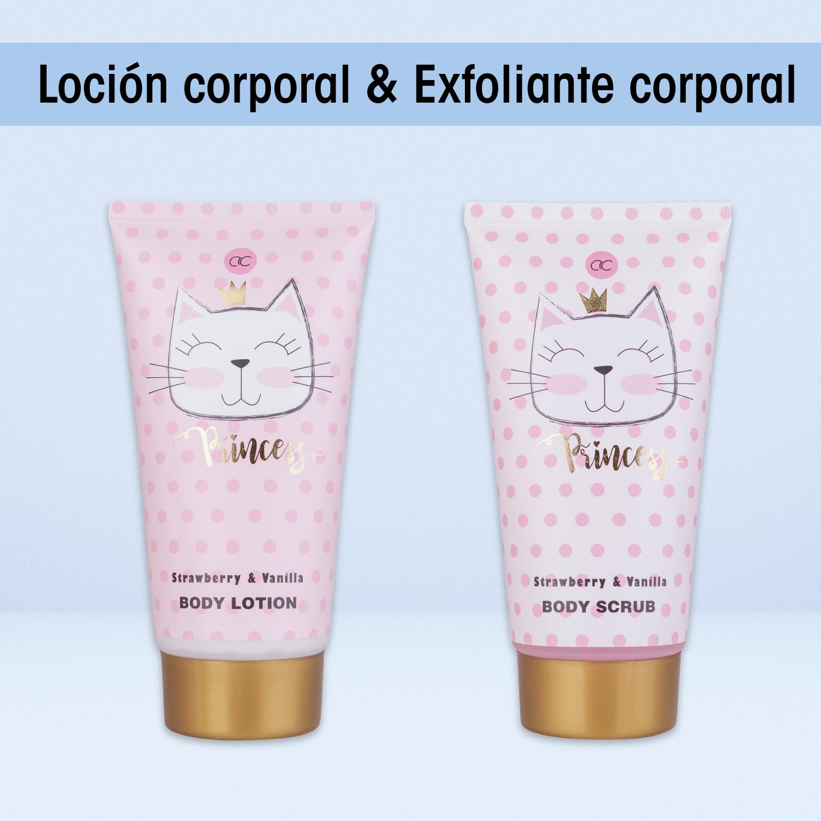 Accentra PRINCESS KITTY Juego de regalo baño mujer 250 ml gel de ducha loción exfoliante crema bombas baño esponja cesta fresa vainilla