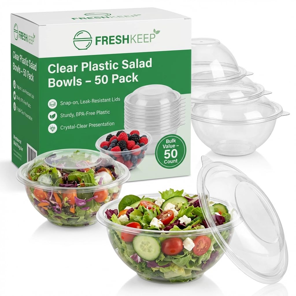 Mr Miracle Clear 48 Ounce Plastic Salad Bowls with Snap-On Lids. Pack 50. Airtight Disposable Salad Containers for Lunch, Meal Prep, Parties. Ideal as