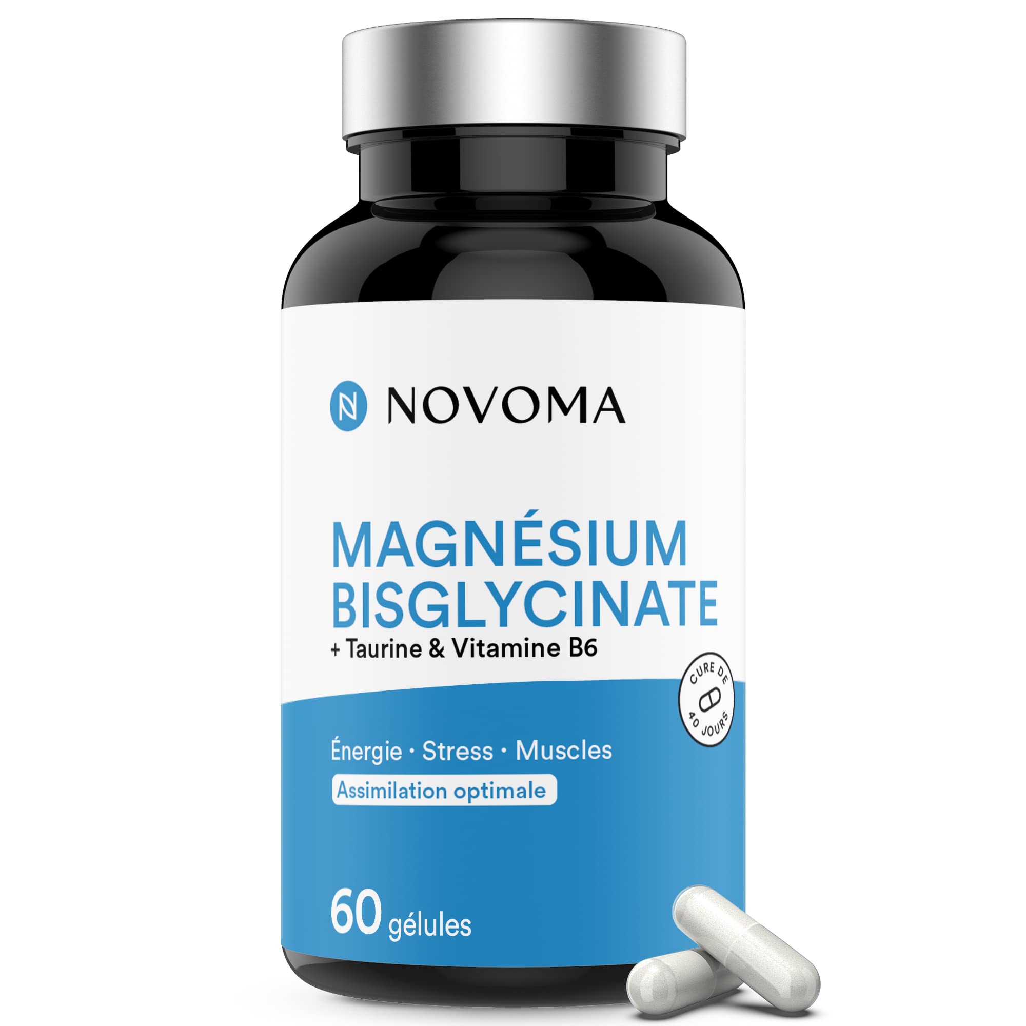 NOVOMA Magnésium Bisglycinate + Taurine & Vitamine B6, Haute Teneur 300mg /j, 60 g
