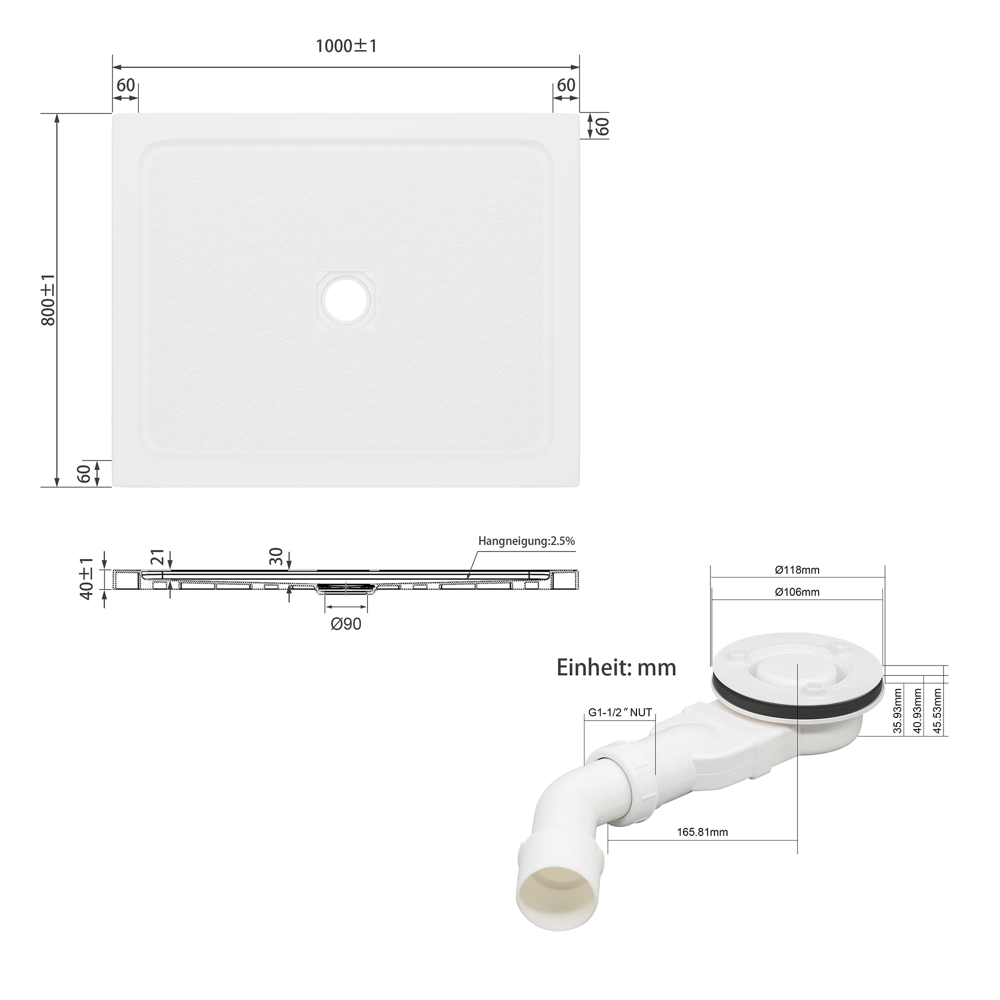 SMC Plato de ducha blanco 100 x 80 cm, con forma cuadrada, plato de ducha plano antideslizante, incluye desagüe