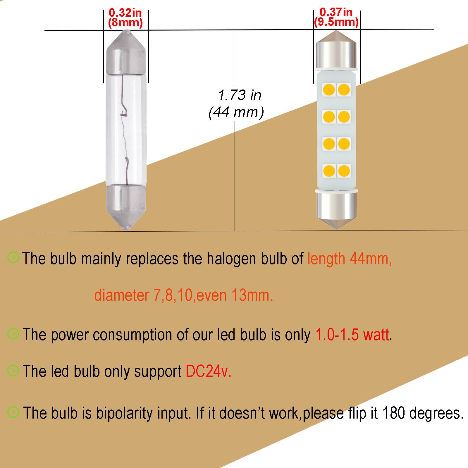 Wiseshine DC 24V 44mm Festoon LED Bulb 578 LED Car Bulbs Warm White 211-2 Navigation Bulb for Truck Interior Dome Reading Map Cargo Lights(Pack 6)