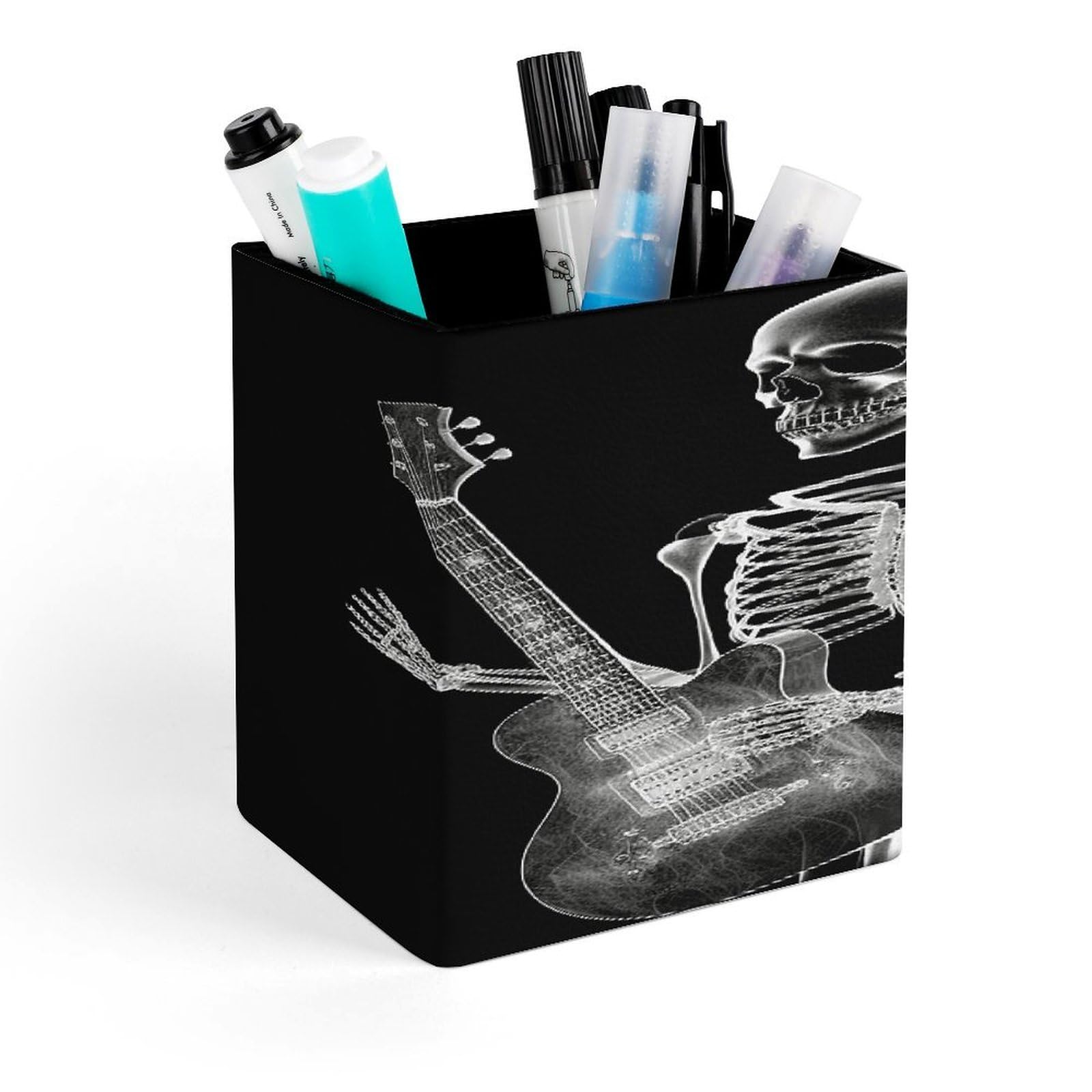 LZQPOEAS Abstract X-ray Skull Skeleton Playing Guitar Square Pen Pencil Holder PU Leather Pencil Cup Desktop Stationery Organizer Office Accessories Container