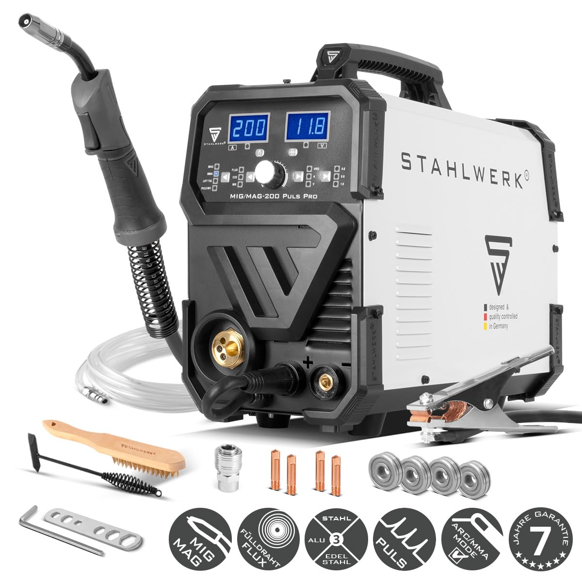 STAHLWERK Schweißgerät 5-in-1 Kombi MIG/MAG 200 Puls Pro – vollsynergisch Schweißen bis 200 A, FLUX (Fülldraht), Lift-TIG, MMA (ARC) und Puls-MIG für Aluminium in einem Gerät, 4-Rollen-Antrieb, IGBT