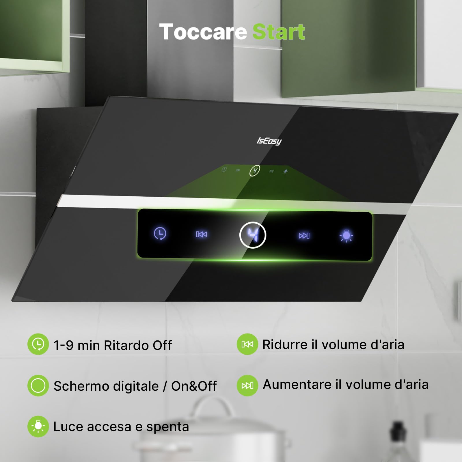 IsEasy Cappa Aspirante 90 cm con 578 m³/h Forte Potenza di Aspirazione, Cappa Cucina 90 cm di Scarico/Ricircolo, 4 Livelli di Regolazione, Ritardo 1-9 Minuti, 58 dB, Nero, Efficienza A++