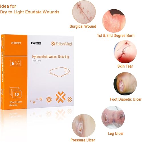 Miniatura 7 de EalionMed - Vendaje hidrocoloide para heridas con borde de 4 x 4 pulgadas para heridas exudadas ligeras a medias, úlceras por presión, dolor de