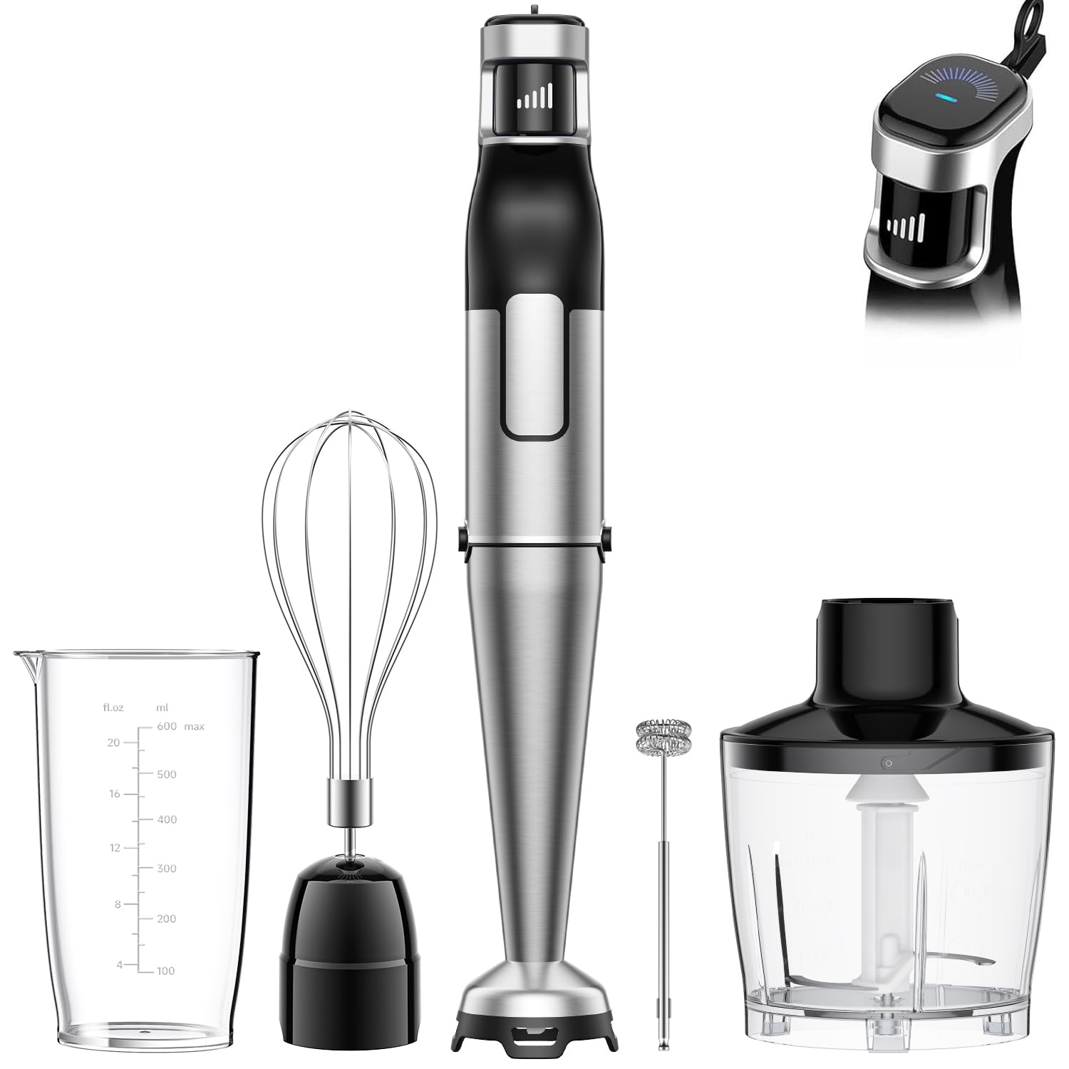 BESROY Stabmixer Set 5 in 1, 1100W Pürierstab Elektrisch, Stufenlose Geschwindigkeit, Edelstahl Hand Blender inkl. Häcksler, Schneebesen, Milchaufschäumer & Messbecher, Ideal für Suppen, Smoothies