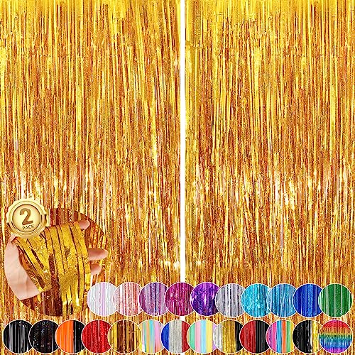 Image of 2Pack 3.3 x 8.3 Ft Gold Party Streamers, Tinsel Streamers Birthday Party Decorations, Fringe Backdrop for Graduation, Baby Shower, Door Streamers Tinsel Curtain Gender Reveal New Year Party Streamers
