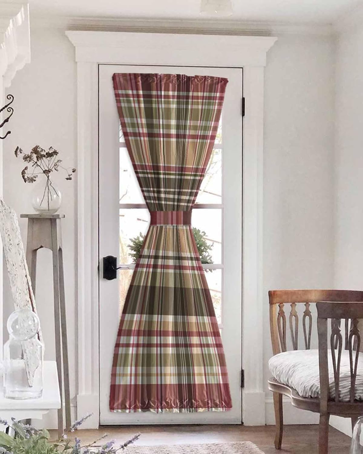 Vintage Plaid Black Out French Door Curtains For Door Window, Rod Pocket Door Drapery Curtain Panel With Tiebacks For Sidelight Front Back Patio Doors, Country Retro Buffalo Plaid Multicolor 25"x72"