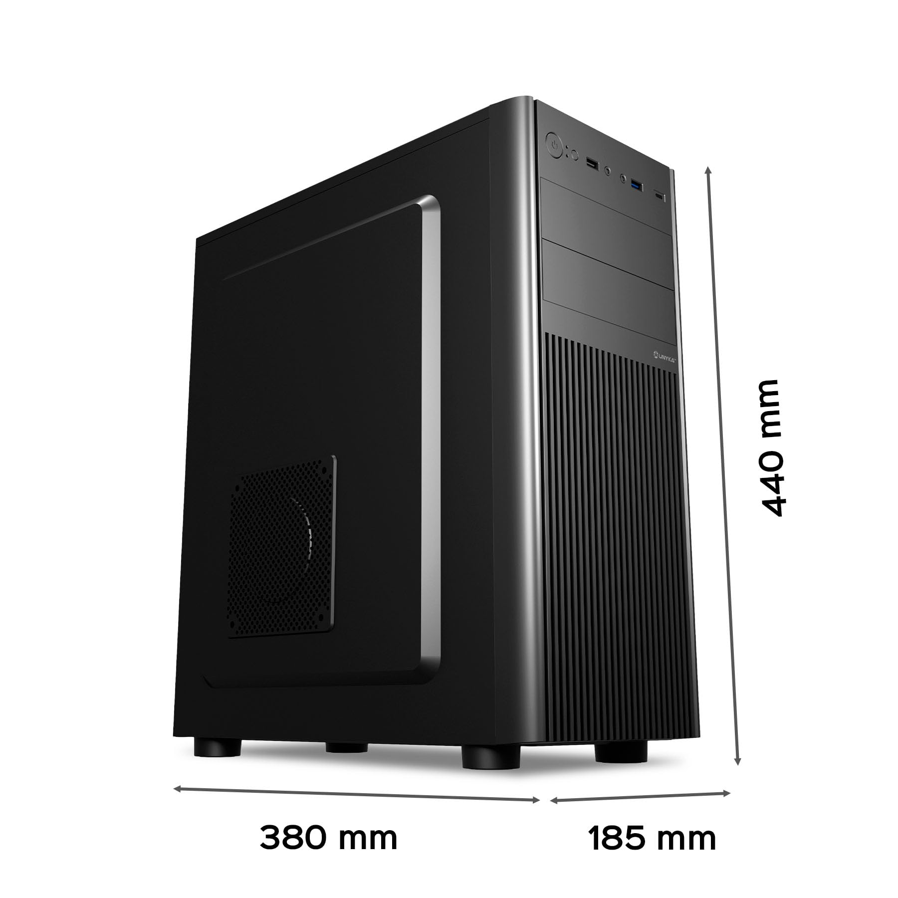 UNYKAch Caja ATX UK8026 – Torre ATX/Micro ATX/ITX con USB 3.0 y USB Tipo C, hasta 5 Discos, 7 Slots de Expansión y Soporte hasta 300 mm GPU