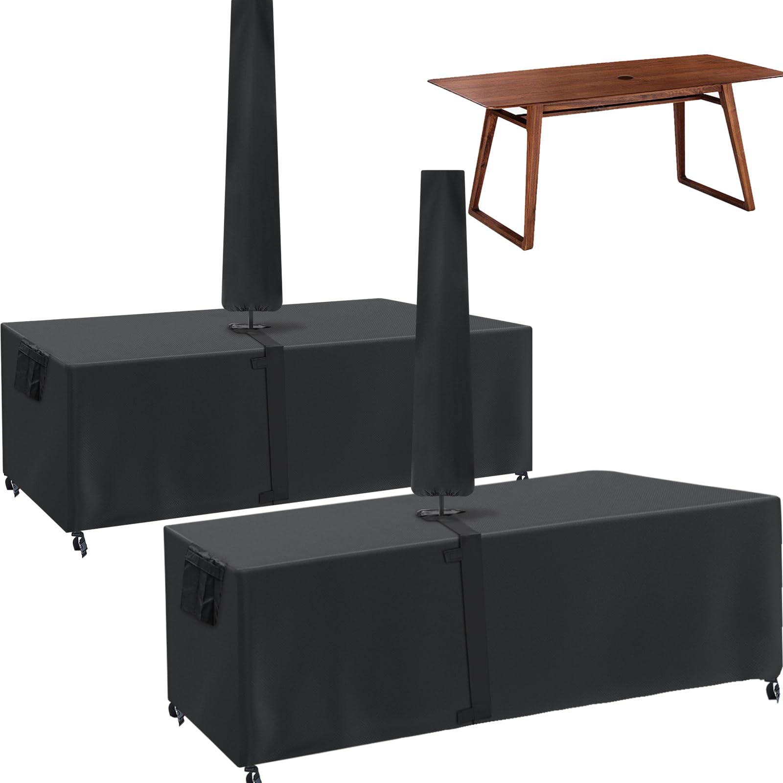 2 Pcs Rectangular Patio Table Cover with Umbrella Hole and 2 Pcs Umbrella Cover Heavy Duty Patio Furniture Cover Outdoor Waterproof Patio Table Umbrella Cover, 84 L x 44 W x 24 H, Black
