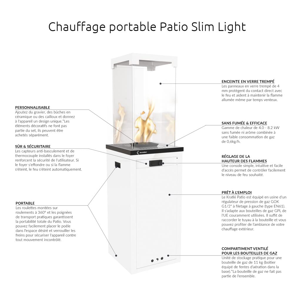 KRATKI PATIO LIGHT Chauffage d'appoint au gaz propane-butane G30/30mbar - 8,2 kW - Chauffage Extérieur Terrasse Jardin - Foyer Décoratif - Jusqu'à 30 Heures de Combustion - Blanc