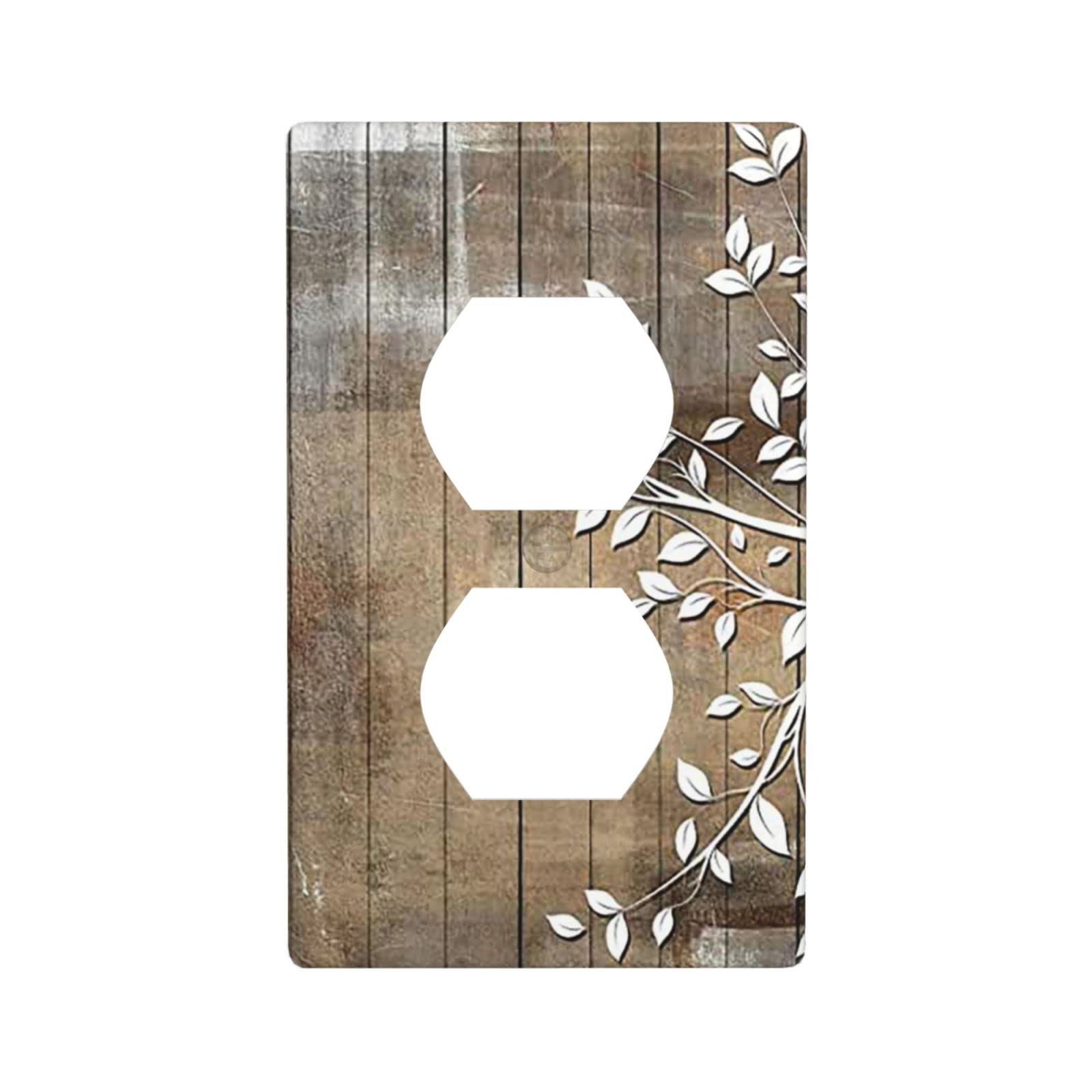 Rustic Wood Tree Silhouette Duplex Wall Plate Outlet Electrical Cover 1-Gang Decorative Receptacle Faceplate Suitable for Farmhouse Decoration Standard Size 4.5" X 2.76" Grey Brown