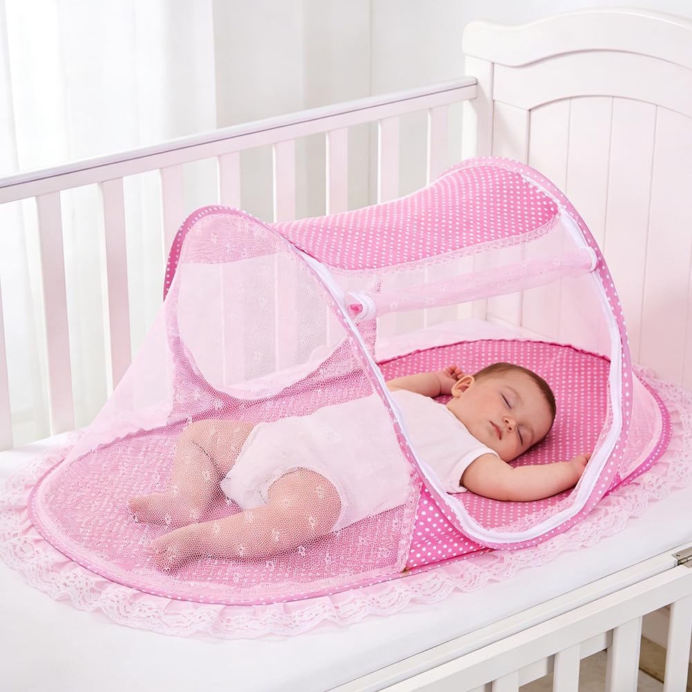 Moustiquaire Pliable, Moustiquaire de Voyage Pop Up avec Fermeture Éclair Répulsif Anti-Moustiques à 360° Tente Moustiquaires sans Installation pour Voyage, Camping, Dortoir, Maison, Pink