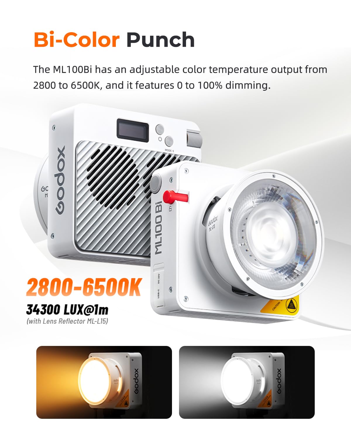 Godox ML100Bi 120 W LED światło wideo z Godox Square Softbox ML-SF50, AK-B02 ręczny adapter do baterii, 2800 K-6500 K, dwukolorowe oświetlenie wideo, sterowanie aplikacją, obsługa ładowania USB-C