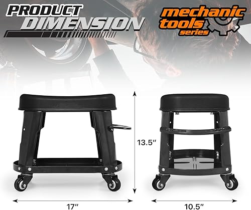 Miniatura 3 de M-AUTO Asiento de trabajo rodante de garaje resistente, taburete mecánico de capacidad de 300 libras con ruedas, bandeja para equipos y estante de
