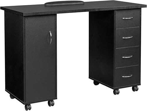 Mesa de manicura con ruedas, estación de trabajo de salón de belleza moderna, mesa de arte de uñas con 4 cajones y gabinete grande para tecnología