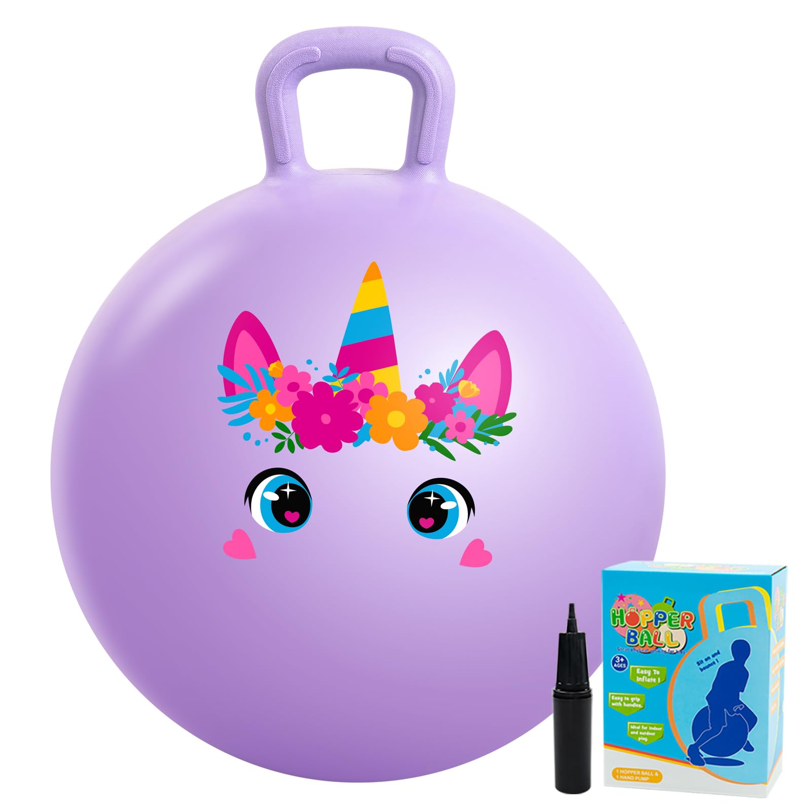 INPODAK Violett Einhorn Hüpfball für Kinder rutschfest Space Hopper 100 KG Belastbar Sprungball mit Griff Aufblasbarer Hopper Ball mit Pumpe 18 Zoll Hüpfball für Kinder 3-8Jahre Drinnen & Draußen
