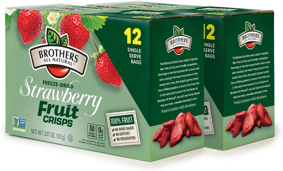 Brothers All Natural Freeze Dried Fruit Crisps, Strawberry, 0.26 Oz (Pack of 24), Made with 100% Fruit, Gluten Free, Soy Free, Vegan, Heathy Snack, Lunch Box Ready | Packaging May Vary