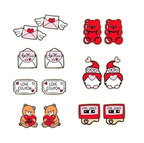 Pingyongchang Pink Love Heart Stud Earrings Set For Women Statement Wood Cute Bear Envelopes Red Earrings Valentine'S Day Wedding Birthday Jewelry Mother'S Day Gift Lightweight Holiday Earring cover