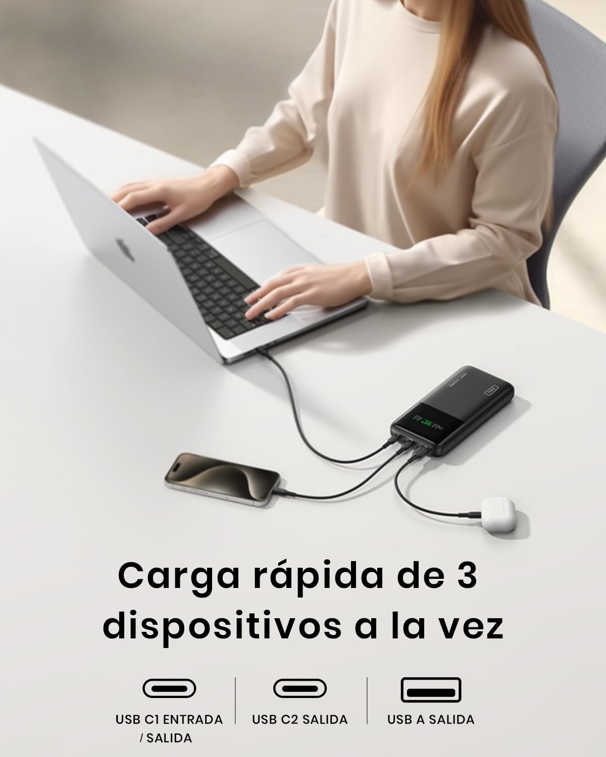 INIU Power Bank 27000mAh 140W, Batería Externa Portátil con Cable USB C Incorporado y Pantalla Digital, 3 Puertos Carga Rápida Powerbank para Laptop MacBook iPhone Steam Deck iPad Samsung