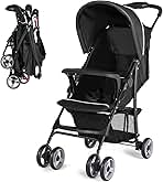 Baby Joy Lightweight Stroller, Compact Toddler Travel Stroller for Airplane, Infant Stroller w/Adjustable Backrest/Footrest/Canopy, 5-Point Harness, Storage Basket, Easy One-Hand Fold, Black