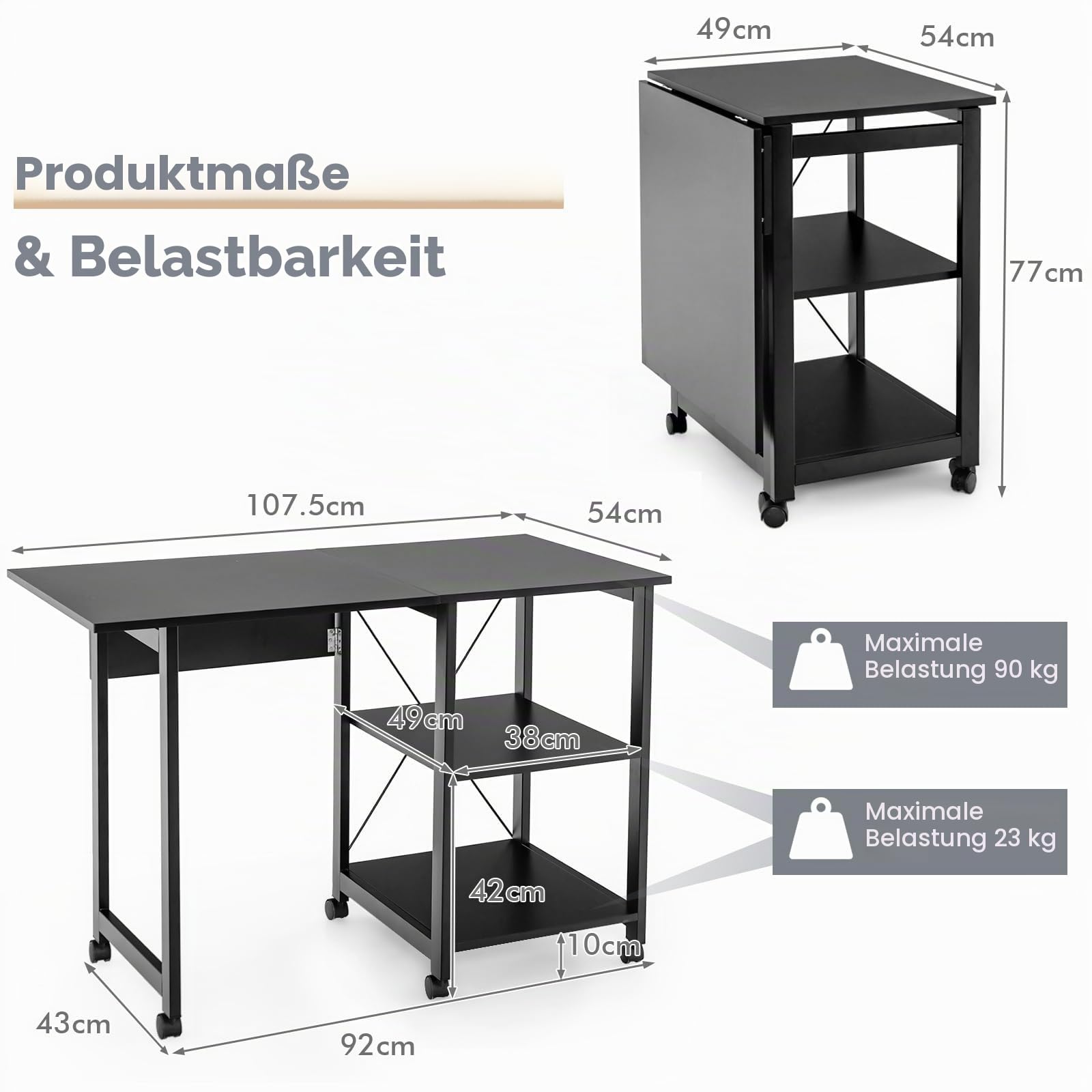 GIANTEX Klappbarer Schreibtisch & Druckertisch mit Rollen, Computertisch Laptoptisch mit 3 Ebenen, PC Tisch Arbeitstisch aus Holz & Metallrahmen, moderner Bürotisch für Zuhause Heimbüro 107,5x54x77 cm