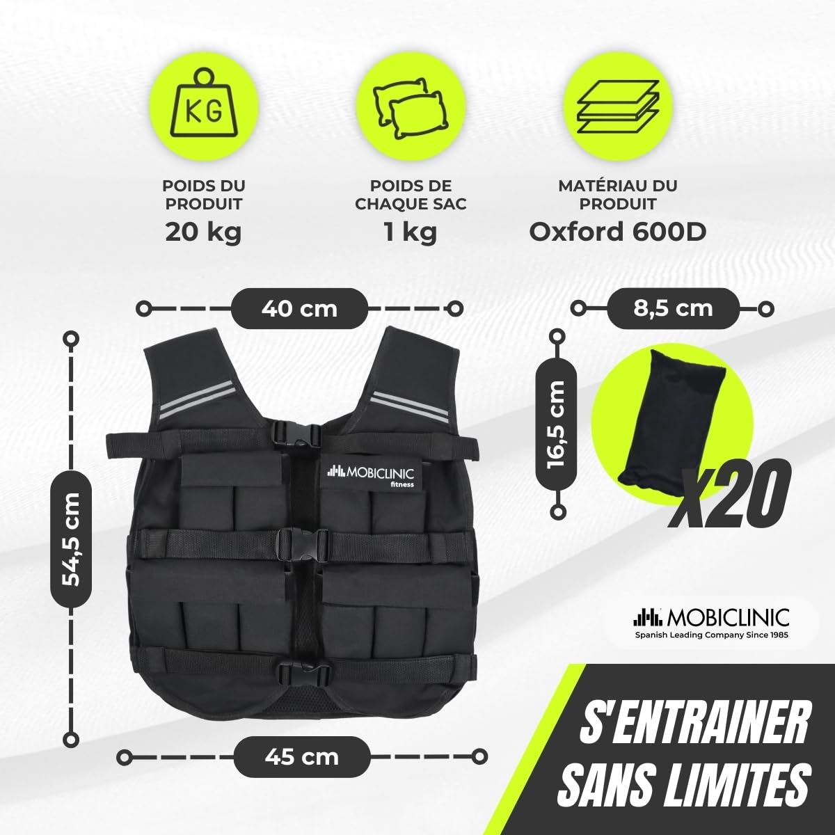 Mobiclinic®, Gilet Lesté, 10/20kg, Gilet de Poids, Réglable, Résistant, Tissu Oxford 600D, Poids Inclus, Bandes Réfléchissantes, Respirant, Gilet avec Poids pour Entraînement Fitness, Iron