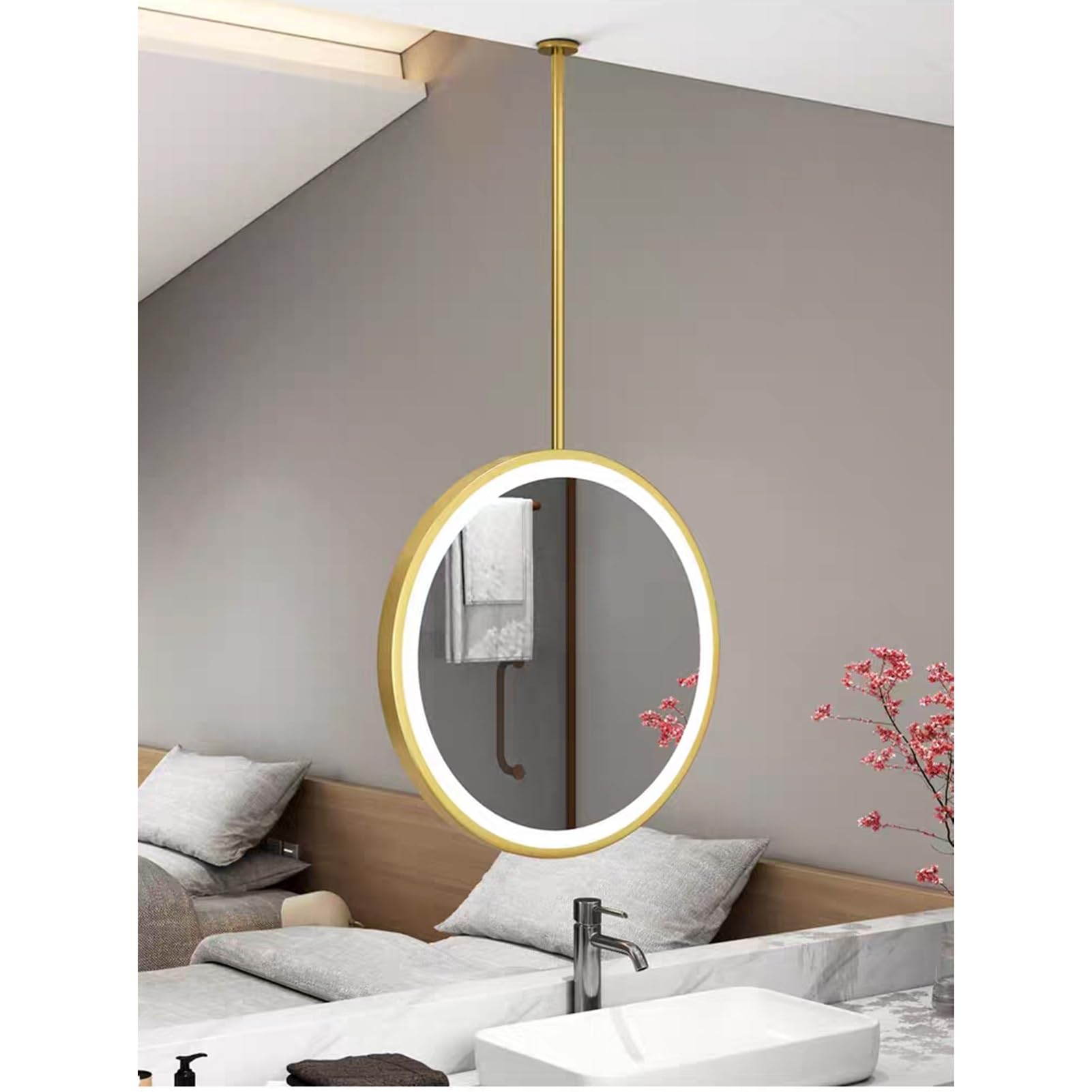 Sufitowe lustro łazienkowe wiszące z oświetleniem LED, metalowa rama lustro toaletowe, podświetlane okrągłe lustro ścienne, podświetlane lustro do sypialni, korytarza lub salonu (złoto, 40 x 40 cm)