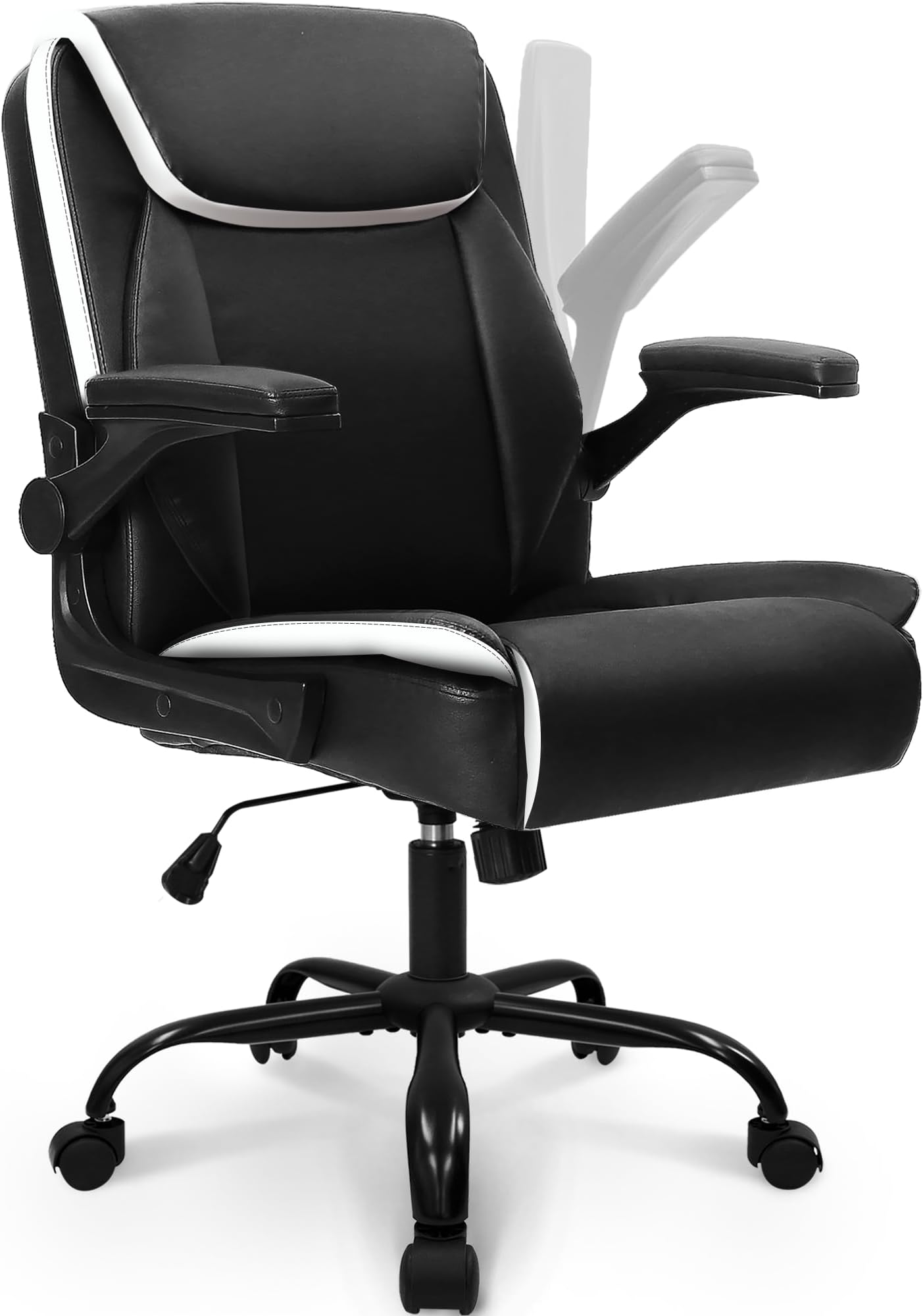 NEO CHAIR Office Desk Computer Chair Ergonomic Executive Mid-Back Leather Gaming Chair with Adjustable Flip-Up Armrests Wheels Swivel for Home Study Task (Black)