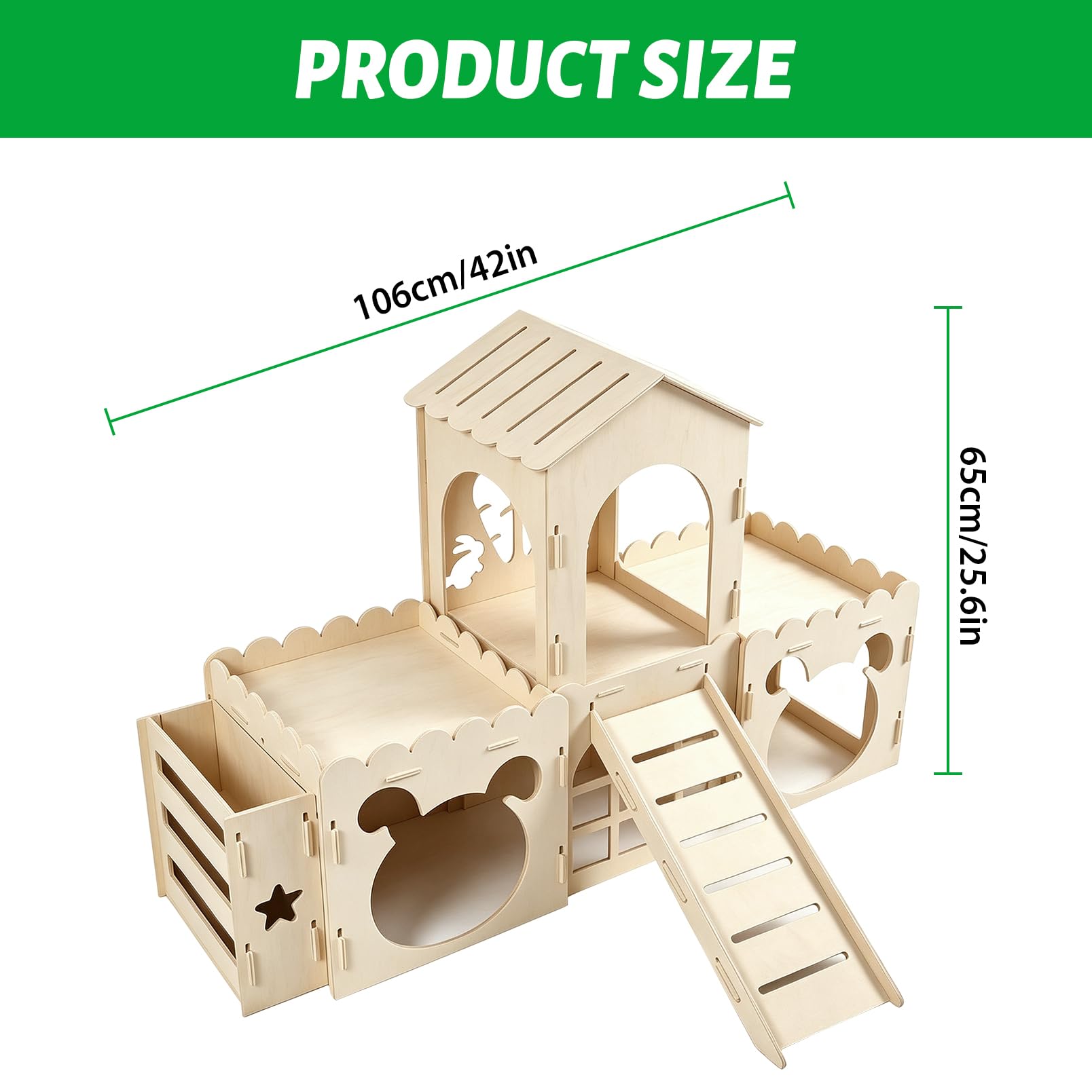 Maison château pour Lapins avec Rampe, Abri en Bois pour Lapins, Ventilée | Convient aux lapins, furets, cochons d'Inde et hamsters, Maisonnette d'intérieur amovible pour lapins