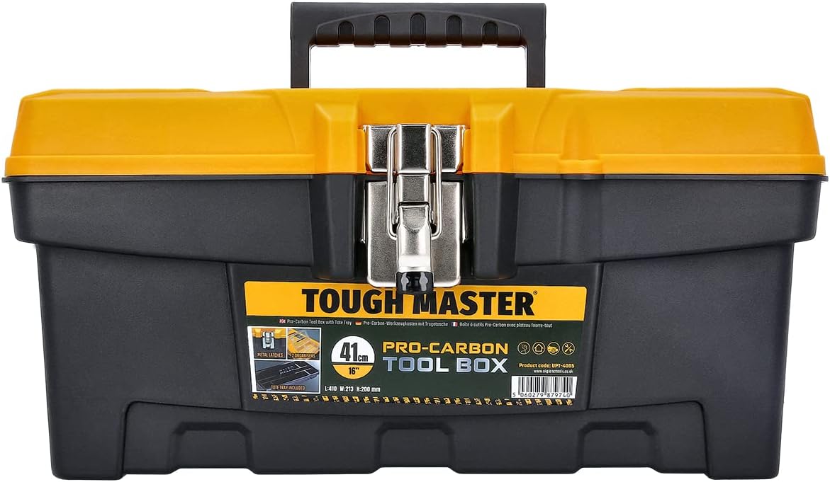 TOUGH MASTER Tool Box Professional Heavy Duty Black & Yellow DIY Large 16 inch/41x 21.3x 20cm Portable Mobile Tool Chest Storage Organiser with Removable Tote Tray (Pack of 1)