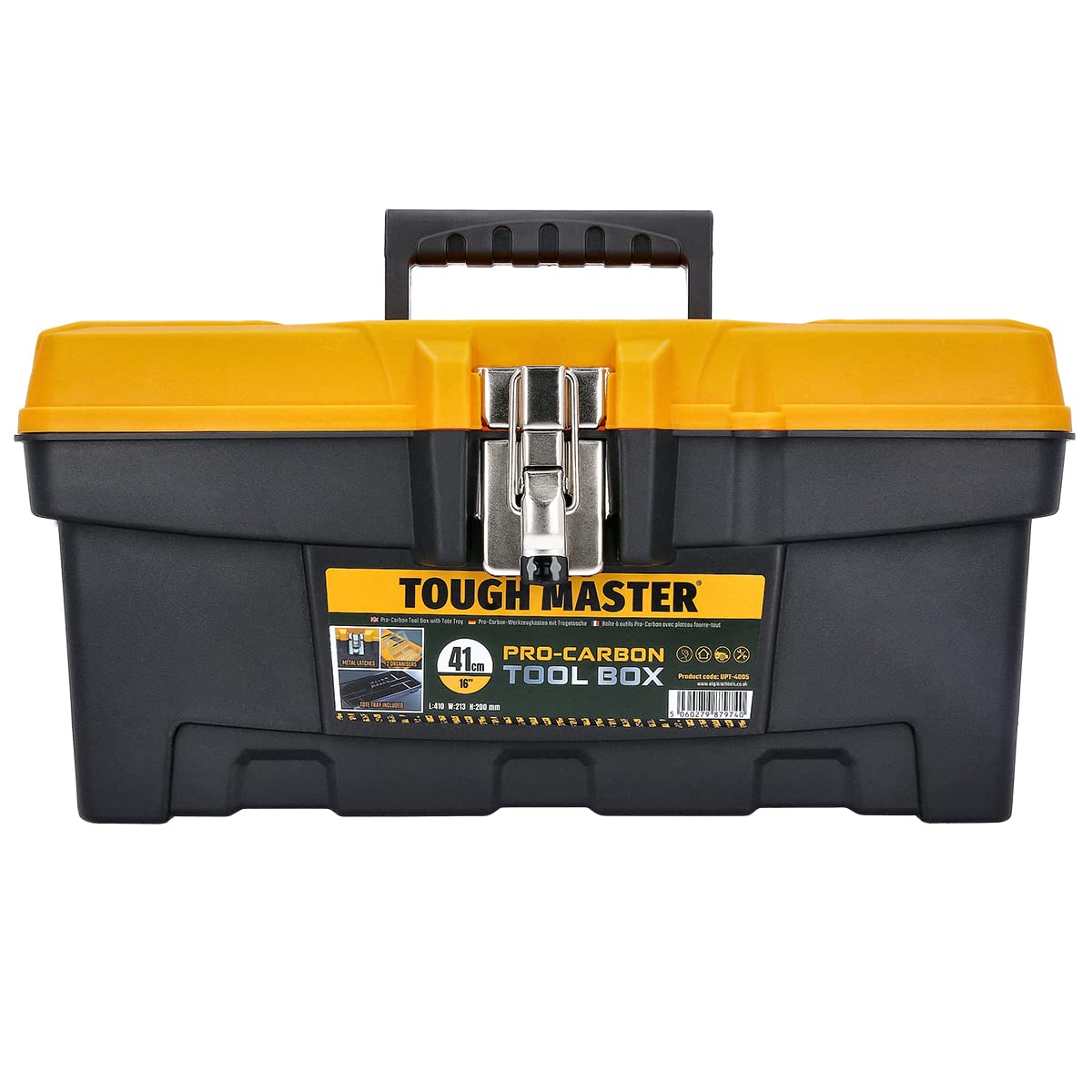 TOUGH MASTER Tool Box Professional Heavy Duty Black & Yellow DIY Large 16 inch/41x 21.3x 20cm Portable Mobile Tool Chest Storage Organiser with Removable Tote Tray (Pack of 1)